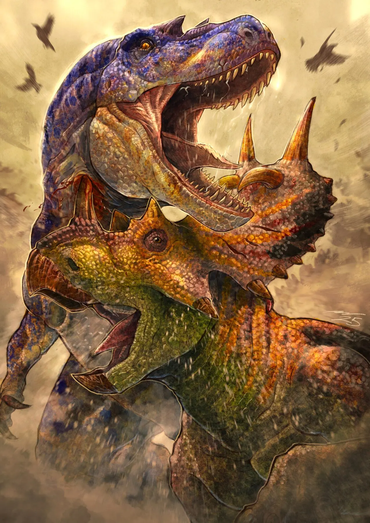 Cover art: a tyrannosaur lunges at a ceratopsid, which meets it horns first.