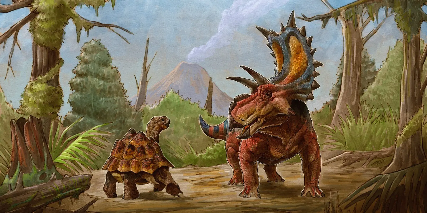 A ceratopsid and a tortoise meet on a forest track below a smoking volcano.